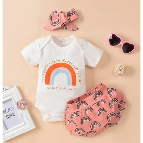 FOCUSNORM 3PCS Set Baby Boy Girl Clothes Short Sleeve Rainbow Bodysuit Tops Bloomers Shorts Headband Outfits Summer