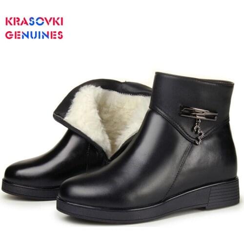 Krasovki Genuines Wool Women Snow Boots Fur Warm Genuine Leather Shoes Plush Flat Ankle Boots Platform for Women Winter Boots