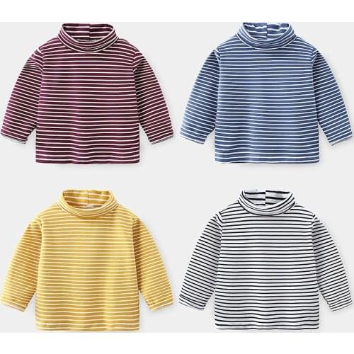 2021 Spring Autumn Winter 2-10 Years Childrens Cotton High Neck Long Sleeve Basic Turtleneck Striped T-Shirt For Kids Baby Boy