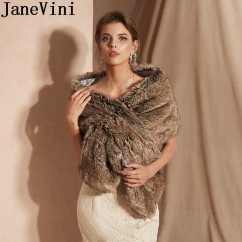 JaneVini Fashion Women Faux Fur Wrap Winter Wedding Dress Bolero Cape Bride Shrugs Bride Bridesmaid Shawl Fur Stoles Braut Jacke