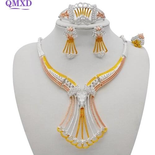 Nigerian Wedding Gold Color Necklace Earrings Bracelet Jewelry Set African Party Dubai Crystal Jewelry Sets for Women