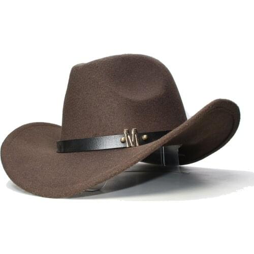 LUCKYLIANJI Vintage Women Men Wool Wide Brim Cowboy Western Cowgirl Bowler Hat Fedora Cap M Letter Leather Band (57cm/Adjust)