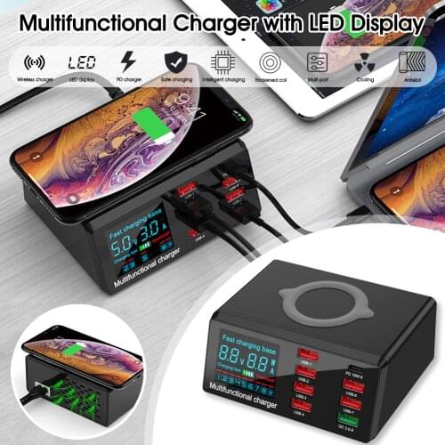 9-in-1 Multifunction Charger 100W with LED Display 6 USB Ports, 1 PD18W Charger, 1 QC3.0, 1 QI Wireless Charger for Phones