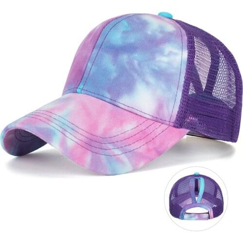 Fashion Women Tie-Dye Ponytail Baseball Cap Distressed Washed Cotton Snapback Hip Hop Hats Trucker Caps Casual Summer Sun Hat