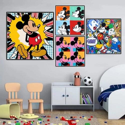 Cartoon Creative Black & White Mickey Mouse Poster Disney Graffiti Art Canvas Painting Prints Wall Pictures for Kids Room Decor