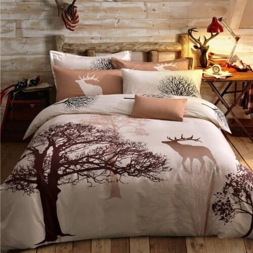 New Tree & deer 100% Cotton Sanding Printed Flower Bedding Set Luxury Royal Bed Sheet set Duvet Cover Pillowcase Queen King 4pcs