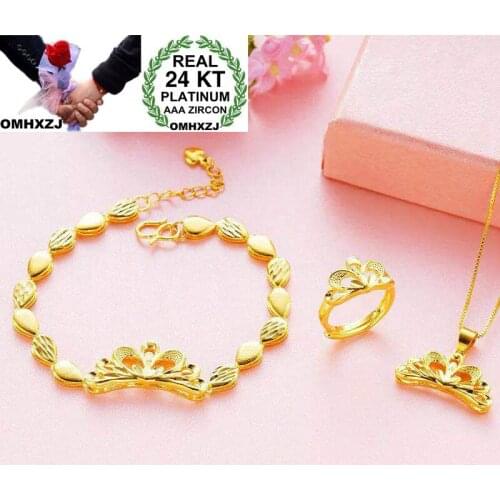 OMHXZJ Wholesale European Fashion Woman Girl Party Wedding Gift Crown 24KT Yellow Gold Ring+Bracelet+Necklace Jewelry Set JE19