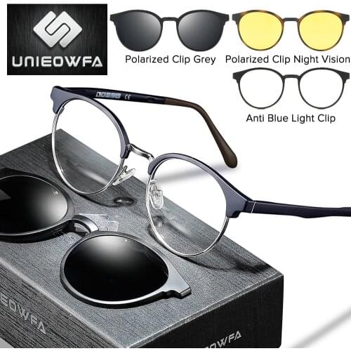 Polarized 3 in 1 Magnet Clip On Glasses Frame Women Retro Round Optical Eyeglasses Frame Men Prescription Myopia Frame Vintage