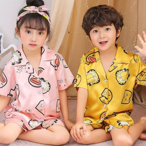 Girls Boys Pajamas Set Summer Short Sleeve Childrens Sleepwear Set Fake Silk Nightwear Boy Pyjamas Sets for Kids Childrens Day