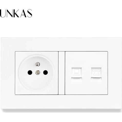 UNKAS PC Plastic Panel French Standard Socket + RJ11 Telephone Jack And RJ45 Internet Computer Port 146MM*86MM 2 Gang Outlet