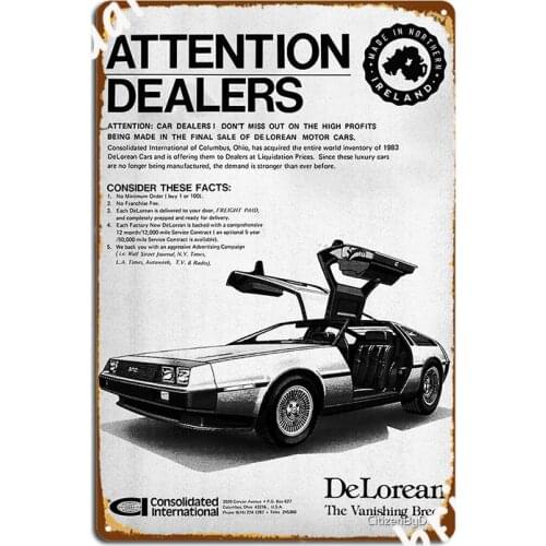 Attention Dealers Deloreans For Sale Metal Sign Classic Cinema Kitchen Mural Painting Living Room Tin Sign Posters