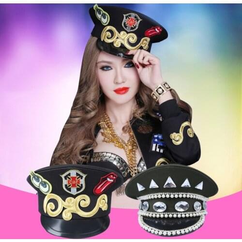 Direct Selling Winter Military Hats Gorras Club Dance Night Bar Ds Costume Accessories Rhinestone Hat Uniform Big Cover