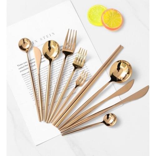 Rose Gold Cutlery Set Dining Spoon Fork Knife Chopsticks 304 Stainless Steel Round Handle Steak Tableware Mirror Dinnerware Set