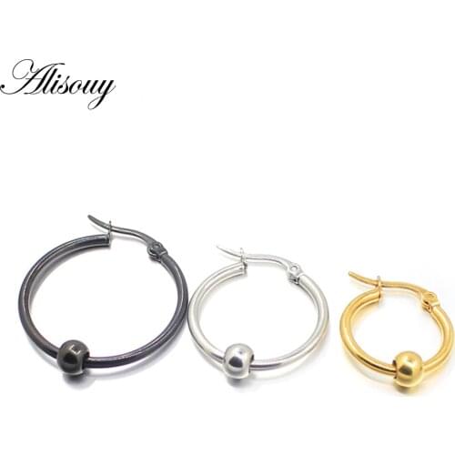 Alisouy Black color Gold color Stainless Steel Earrings Unisex Small Ball Big Hoop Earrings Party Gift, 3 colors 10mm-30mm