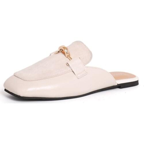 Muller Shoes Women Flats 2019 Summer Flip Flops Retro Square toe Metal Decoration Outdoor Women Slippers Flat Woman Slippers