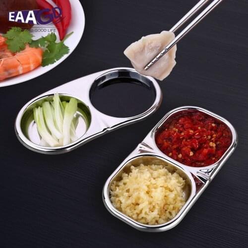 Stainless Steel Dip Saucer Sauce Tray Snack Bowl Sugar Dish 2 Grids Salt Vinegar Sugar Flavor Spices Mustard Dipping Dishes