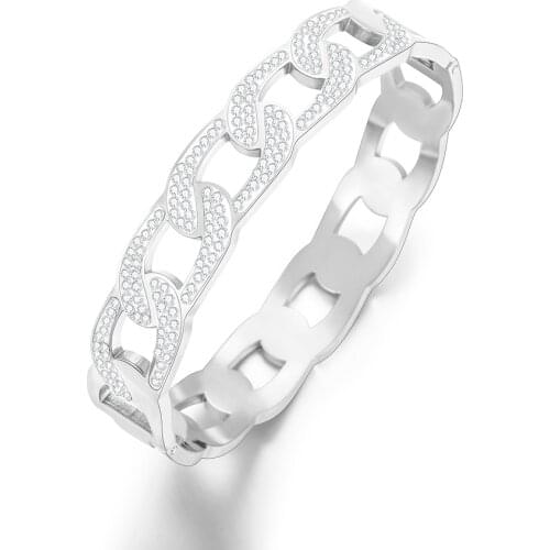 Hiphop Rock Titanium Stainless Steel Big Wide Bangles For Women Men Fake Link Chain with Rhinestone Bracelet Bangle Jewelry Gift