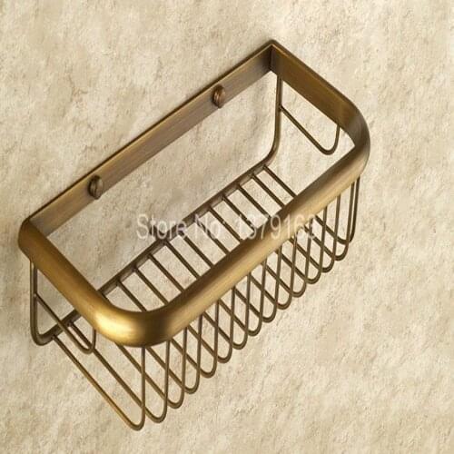 30cm Vintage Antique Brass Wall Mounted Bathroom Accessory Single Tier Soap / Sponge Corner Shower Storage Basket aba523