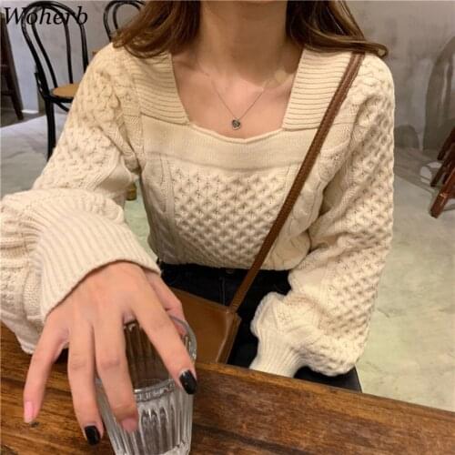 Woherb Vintage Twist Knitted Sweater Women 2020 New Square Collar Pullovers Korean Chic Puff Sleeve Tops Jumper Sweet Pull Femme