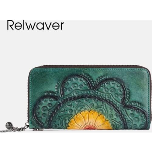 Relwaver women wallet genuine leather Chinese style flower green clutch wallet brush-off natural leather zipper long purse