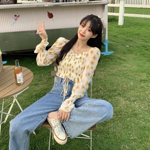 65% Dropshipping!!Summer Women Top Sunflower Print Long Sleeve Drawstring Short Country Style Shirt