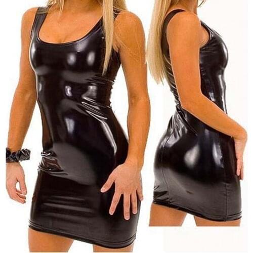 S-XXXL Women PVC Bandage Dress Latex Patent Leather Dress Sexy Party Bodycon Womens Wet Look Clubwear Mini Dress Black Catsuit
