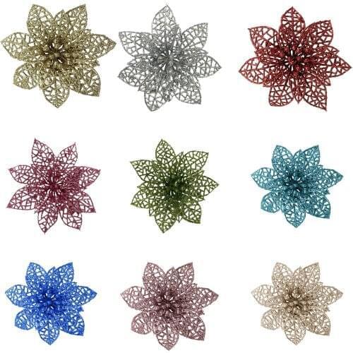 10pcs Hollow Out Glitter Artifical Christmas Flowers Christmas Tree Decoration Fake Flowers Xmas Ornaments New Years Decor 2021