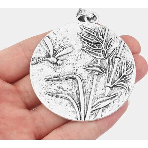 2pcs Antique Silver Color Dragonfly Reed Pattern Round Charms Pendant For Necklace Jewelry Making Findings Accessories 65*61mm