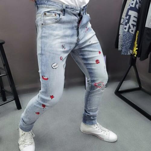 2021 Summer Hip Hop Heart Printed Denim Jeans Men Slim Stretch Designer Graffiti Jeans Pants Dance Party Graphic Jean Harajuku