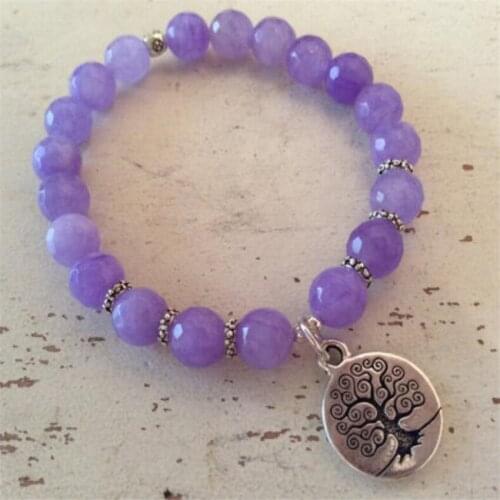 8mm Amethyst Gemstone Mala Bracelet Life Tree Pendant Chakras Spirituality Sutra Wrist Buddhism Energy Meditation Reiki Men