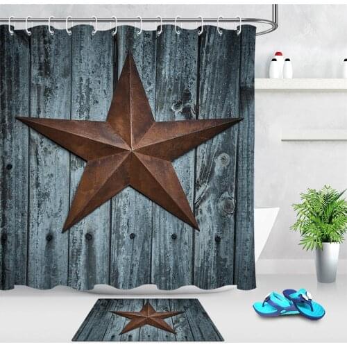 American Style Retro Texas Star Shower Curtain Rustic Plank Board Fabric Polyester Waterproof Bathroom Curtains Home Decor Mat