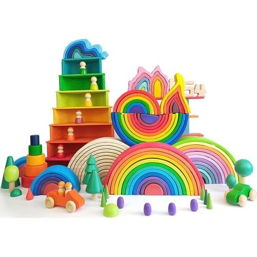 QWZ Big Wooden Rainbow Building Blocks Wooden Balls Plate Figures Rainbow Stacking Blocks Montessori Soft Warm Color Blocks Toy