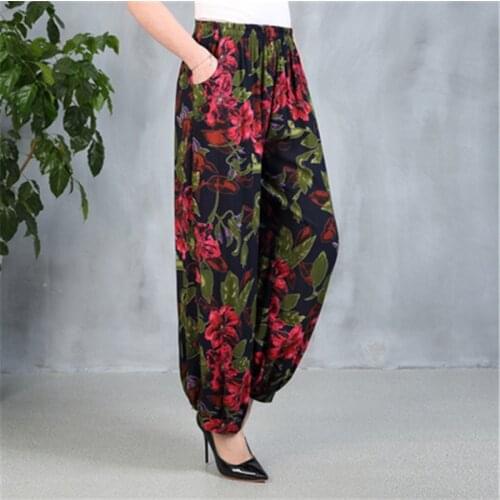 Womens pants Big Size 5XL Harem Pants Vintage Floral Printed Wide Leg Pants Summer Women Casual Linen Long Elegant Trousers 202