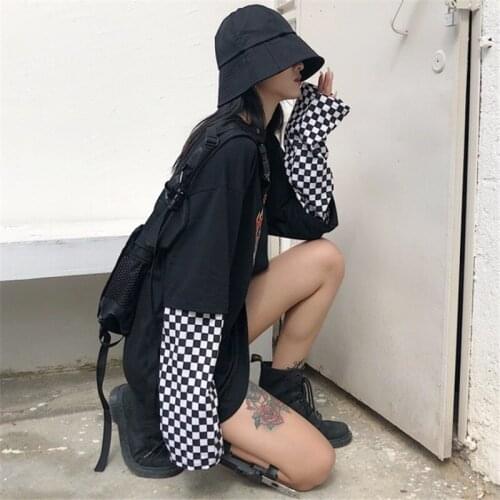 Womens T-shirt Harajuku style black and white checkerboard flame print splicing fake two loose long sleeve men and women