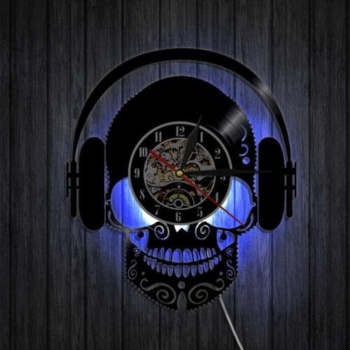 Hot Skull Vinyl Record Wall Clock with Headphones Fashionable Simple Luminous Lamp Decoration Wall Clock Gift