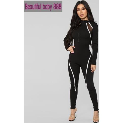 Meqeiss 2021New Women jumpsuit Elegant Fitness Skinny striped Female elastic full Sleeve turtleneck Full Fength Bodycon Zipper