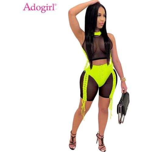 Adogirl Women Sexy Sheer Mesh Two Piece Set Color Patchwork Grommet Lace Up Suit Sleeveless Crop Top Shorts with Underwear