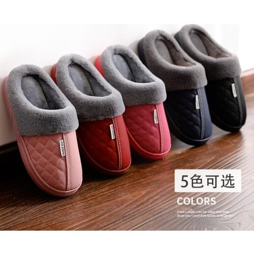 Men and Women Leather Slippers Couple Winter Cotton Slippers Female PU Waterproof Mens Indoor Home Warm Shoes Winter Fur Shoes
