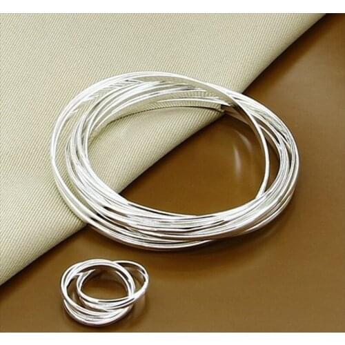 Round Rings,Bracelet Women Wedding Party Sets New Arrival Wholesale Fashion Jewelry, Silver Bangle + Rings Set Jewelry