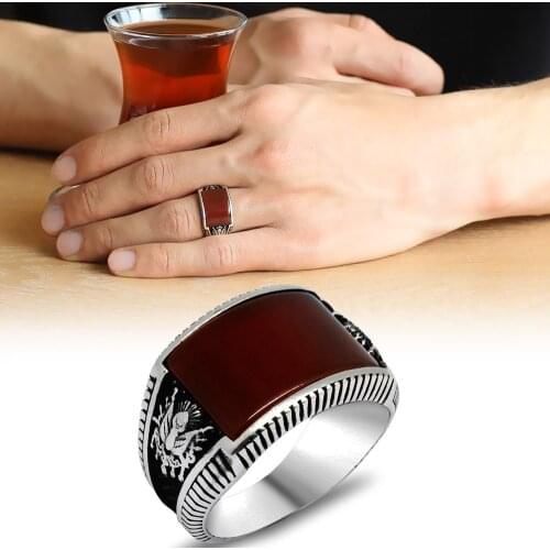 Tesbihane Ottoman State Crested Red Curved Agate Gemstone 925 Sterling Silver Men 'S Ring
