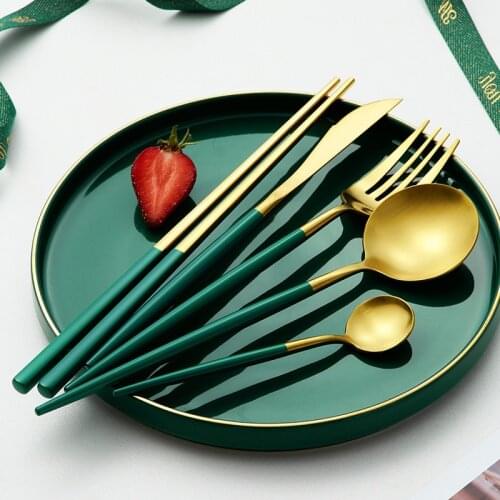 Stainless Steel Cutlery Set Rose Gold Spoon Fork Chopsticks Kitchen Teaspoon Fork Knife Set Non-slip Western Dinnerware