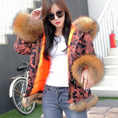 New style down jacket short female winter raccoon fur collar hooded jacket camouflage cold protection