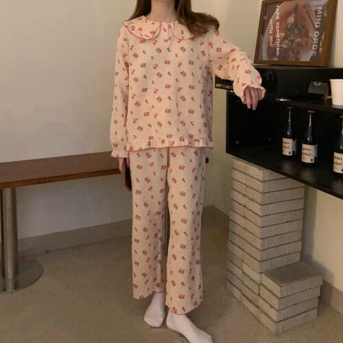 Autumn 100% cotton gauze japan cute homewear pajama set floral print peter pan collar pullovers pants sleepwear women set L335