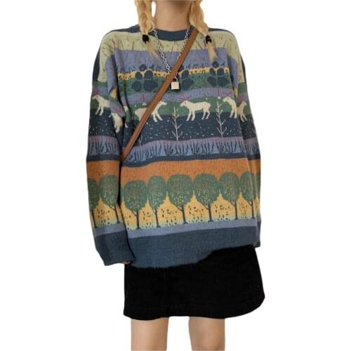 Pullover Women Striped Christmas Deer Sweater Oversize Long Sleeve Couples Knitted Tops Hip Hop Streetwear Pullover Female