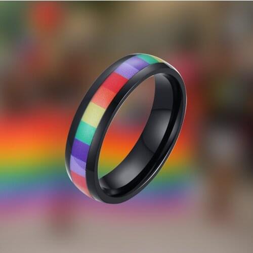 Rainbow Ring for Men Stainless Steel Black Wedding Band