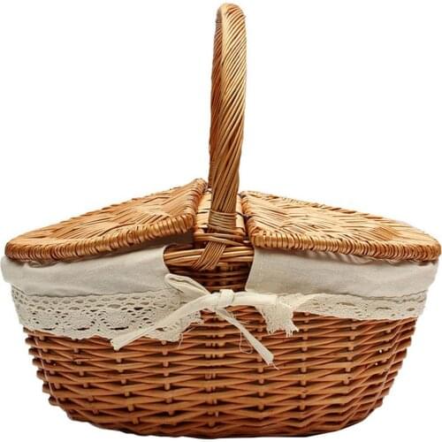 Handmade Wicker Basket with Handle, Wicker Camping Picnic Basket with Double Lids, Shopping Storage Hamper Basket with Cloth Lin