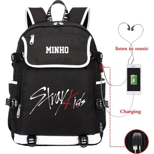 Stray Kids School Backpack Plecak Szkolny Mens Backpacks BANG CHAN FELIX WOOJIN MINHO MINHO Travel Laptop Bagpack USB Charging