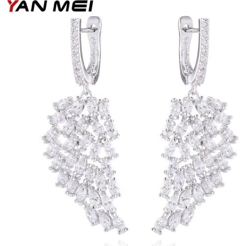 YANMEI Luxury Crystal Feather Stud Earrings For Women Symmetry Elegant Earring Boucles D'oreilles YME8063