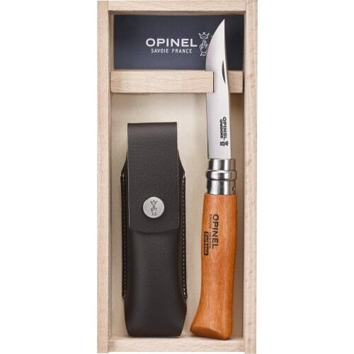 Opinel No 8 Carbon Steel Folding Pocket Knife with Gift Box and Sheath Beechwood Handle Camping Hiking Trekking Outdoor Hunting