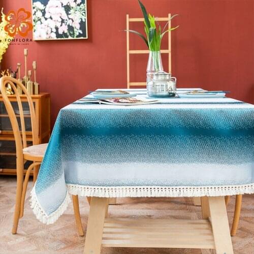 Mediterranean Sea Waves Cotton Linen Tablecloth with Tassels Striped Blue Tea Table Cover Dining Table Cloth Decoration Chiffons